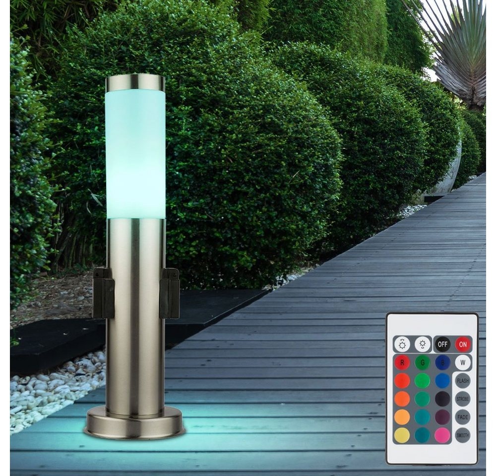 etc-shop LED Außen-Stehlampe, Leuchtmittel inklusive, Warmweiß, Farbwechsel, LED RGB Außenleuchte mit Steckdose 45cm dimmbar silberfarben