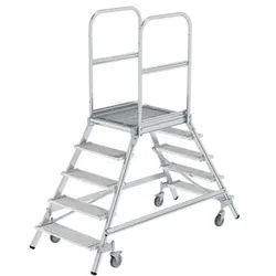 Podestleiter 5 Stufen, fahrbar, Aluminium/Stahl-Gitterrost