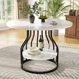 Flieks Rundtisch mit Platte in der Mitte zur Aufbewahrung, Esstisch 80x80x76 cm, Küchentisch mit marmorierter Tischplatte und schwarzen Metallbeinen - Weiß/Schwarz