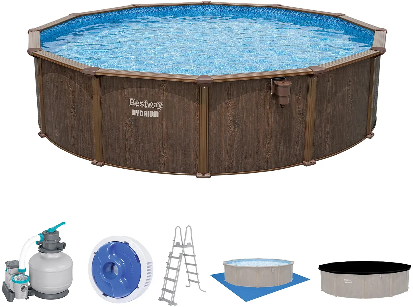 HydriumTM Stahlwandpool Komplett-Set mit Sandfilteranlage  Ø 488 x 132 cm, Holz-O...