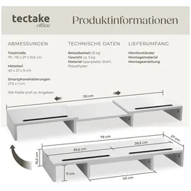 Tectake tectake® Monitorständer, 3-teilig, breitenverstellbar, schwenkbare Seitenteile, zusätzlicher Stauraum, 79 - 115 x 27 x 10,5 cm, Arbeitszimmer, Schreibtische