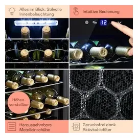 Klarstein Shiraz 24 Uno Weinkühlschrank 1 Zonen Getränkekühlschrank Klein, Kleiner Weinschrank 63L, Wein-Kühlschrank Klein mit Glastür, Indoor/Outdoor