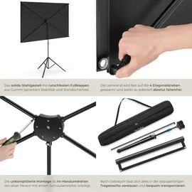 Tectake tectake® Beamer-Leinwand für 4K HD, Ultra HD und Full HD, Gain-Faktor 1,0, reißfester Terylenestoff, faltenfrei gespannt, Format 16:9, 80“ Zoll 203cm Stativ höhenverstellbar klappbar