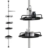 OHMG Teleskop-Eckregal, Duschregal, höhenverstellbar, Eckregal für Badezimmer aus Edelstahl und Kunststoff, 4 Ablagen, 1 Haken, 3 Handtuchhalter (254 – 304 cm)