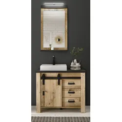 Furn.Design Badmöbel Set 4-teilig in Used Wood hell und anthrazit Badkombination MIT Waschbecken und LED Spiegellampe Stove