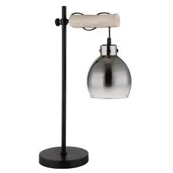 Tischleuchte Beistellleuchte Schlafzimmerlampe Holz Höhenverstellbar Rauchglas