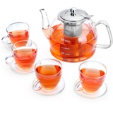 1200ML Teekanne Glas Set, Teekanne mit Siebeinsatz, Teeservice 4 Gläser, Borosilikatglas Teekanne, Glasteekanne, Teekanne Glas mit Siebeinsatz, Tee-Ei für lose Blätter Teekanne Set