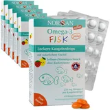 NORSAN Omega 3 FISK Jelly 45 hochdosiert 6er Pack (6x 45 Jellys) / Omega 3 für Kinder (250 mg pro Kaugeleedrops) / Omega 3 Öl mit EPA & DHA/Tagesdosis mit Zitrone-Erdbeer-Geschmack 4 Kapseln