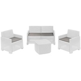 Dmora Outdoor-Lounge-Set Peschici, Gartenkomposition mit 2 Sesseln, 1 Sofa und 1 Aufbewahrungstisch, Rattan-Effekt mit Kissen, 100% - Italy, Weiß