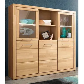 OTTO home Highboard OTTO HOME "Trondheim,130cm breit,42 cm tief, Fronten Holzmassiv, Metallgriffe", beige (kernbuche teilmassiv), B:130cm H:145cm T:42cm, Holz teilmassiv, Sideboards, Highboard, Korpus aus Holzwerkstoff,4 Türen,12 Fächer, Böden teilweise versetzbar