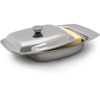 Relaxdays Butterdose mit Griff 6 x 13 cm HxBxT, 250 g Butter Schale mit Butterglocke in Edelstahl-Optik, silber