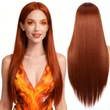 PORSMEER Kupfer Rot Perück Lang Glatt Gerade Perücken für Frauen/Mädchen/Afro Natürliche Kunsthaar Mittelteil Lace-Haaransatz Perücke Party/Kostüm Ginger Orange Wig (Auburn)