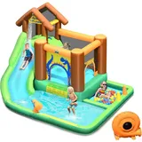 Costway Hüpfburg Mit Geblaese, Wasserrutsche Spielpool Aufblasbare, Wasserspielcenter Mit Rutsche, Wasserpark Aufblasbar, Planschbecken 368x303x230cm