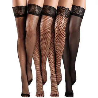 Bencailor 4 Paar Halterlose Netzstrümpfe Spitzenstrümpfe Oberschenkelhohe Strümpfe für Damen(Schwarz,L)