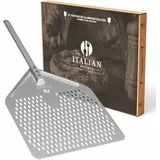 The Italian Kitchen Pizzaschieber, 33 cm, perforiert, 33 x 42,4 cm, Metall-Pizzaschieber, 70 cm, Aluminium, funktioniert mit allen Pizzaöfen, Steinen und Grills, silberfarben