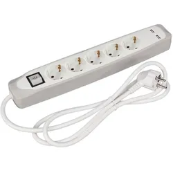 Perel Steckdosenleiste mit Schalter, 5 Schutzkontakt-Steckdosen, 2 USB-Ladebuchsen, Kabel 1.5 m, 3G1.5, Innenbereich, Weiß