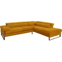 Ecksofa W.SCHILLIG "finn" Sofas Gr. B/H/T: 281cm x 71cm x 230cm, Stoff S37, Ottomane rechts, ohne Kopfteilverstellung-ohne Sitztiefenverstellung, gelb (brandy s37) German Design Award 2016, Fußgestell Nussbaum natur, Breite 281 cm