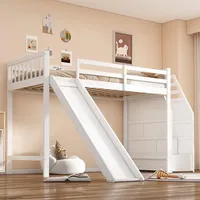 Kinder-Hochbett mit Rutsche & Stauraum, aus Kiefernholz & MDF, Weiß, 90×200cm - Weiß