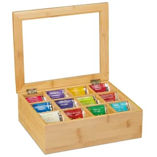 Relaxdays Teebox Bambus, 12 Fächer, Teekiste mit Sichtfenster, Organizer für Teebeutel, HxBxT: ca. 9x28x23 cm, natur, 10032112,