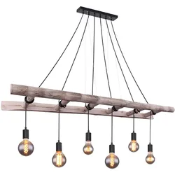 Hängeleuchte Holzleiter Esszimmerleuchte Landhausstil Hängelampe Holz natur, Metall schwarz, Höhe anpassbar durch aufwickeln, 6x E27 Fassungen, L 160 cm