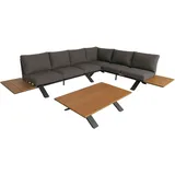 Mendler Aluminium Garten-Garnitur HWC-M62, Sitzgruppe Garten-/Lounge-Set Sofa, Holzoptik Gestell anthrazit, Polster dunkelgrau