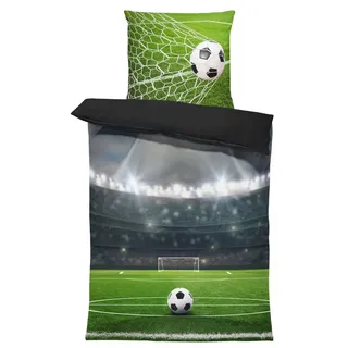 One Home Bettwäsche Fußball, Mikrofaser, 2 teilig, Fußballstadion, auch geeignet als Kinderbettwäsche grün