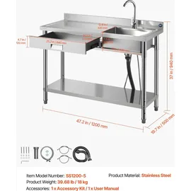 Vevor Spültisch Spülbecken Edelstahl (120 x 50 x 94 cm), Einzelbecken mit Wasserhahn & Schublade, Küchenspüle für Garage Restaurant Wäscherei, Waschtisch Außenspüle mit Arbeitsplatte (links)