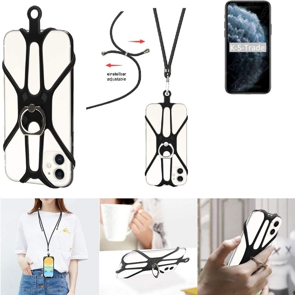 K-S-Trade 3in1 Handykette Handyband Handykordel Halsband Smartphone-Ring Handy-Ring kompatibel mit Apple iPhone 11 Pro Max Fingerhalterung Handyring