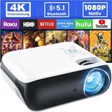 Full HD 1080P Beamer, Bluetooth Beamer 4K Unterstützt, Tragbare Mini Beamer Heimkino, Home/Outdoor Projektor Kompatibel mit Smartphone/HDMI/USB/AV