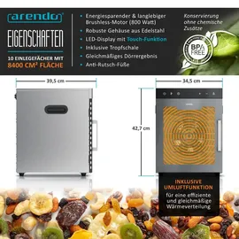 Arendo Dörrautomat Edelstahl, Temperaturregler 30° bis 90°C, Dörrgerät, Dehydrator, 800 W, 10 Etagen, Obst, Fisch, Fleisch, Timer 0,5-24 Stunden - Silber