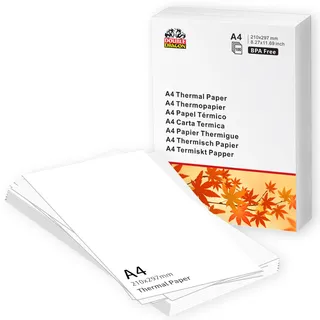 Double Dragon A4 Thermopapier | 100 Blatt | 210x297mm (8,27" x 11,69") | Kompatibel mit Phomemo M08F, M832, M834, Q302, Brother, Munbyn und anderen A4-Thermodruckern (100 Blatt)