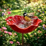 Handgefertigte Vogeltränke aus Metall in Blumenform – Winterfester Gartenstecker als Bienen- & Insektentränke für Draußen – Elegante Gartendeko-Figur (Rot)