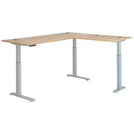 Vito Eckschreibtisch CLYDE, höhenverstellbar, 185 x 177 cm - Mauvella Eiche Dekor - Silbergrau - Metall - elektrisch höhenverstellbar