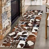Kuluoits Kuhfellmuster Teppich, 120x170cm Waschbarer Läufer Schwarzem und Braunem Bedruckter Teppiche Kuhfell Geometrischen, rutschfest und Komfortabel für Eingangsbereiche, Studentenwohnheime Büros