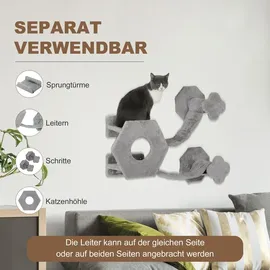 PawHut Katzen Kletterwand, Katzenliege mit Stufen, Katzenhöhle, Sprungturm, Spielzeugball, Katzenplattform für Katzen bis 5 kg, Hellgrau