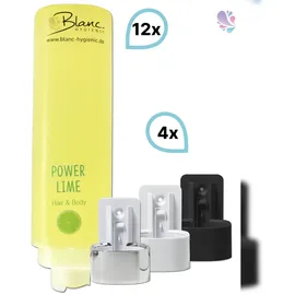 Blanc HYGIENIC SET: Professionelles Shampoo-Duschgel-Set –12x425 ml – verschied. Düfte – Wandhalterung in Weiß, Schwarz oder Chrom optional