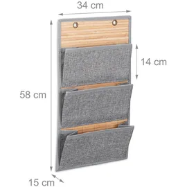 Relaxdays Wandorganizer Bambus mit 3 Jutemuster Fächer, 58 x 34 x 15 cm HxBxT Zeitungshalter für Büro und Flur, grau