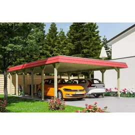 SKANHOLZ Spreewald Walmdach Doppelcarport aus Nadelholz 5,85 x 8,93 m rote Blende unbehandelt