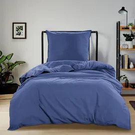 Wometo Bettwäsche Renforce Stone-Washed 135x200 & 80x80 100% Baumwolle - blau OekoTex weich modern Used-Look Leinen-Optik