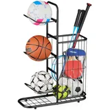 Relaxdays Ballständer, 3 abnehmbare Ballhalterungen, für Basketball, Fußball, Sportgeräteregal mit Korb, schwarz