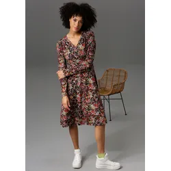 Jerseykleid ANISTON CASUAL, Damen, Gr. 42, N-Gr, bunt (schwarz, rostrot, jade, gelb, rot, flieder, grün), Single Jersey, Obermaterial: 95% Viskose, 5% Elasthan, bedruckt, geblümt, modisch, figurumspielend knieumspielend, V-Ausschnitt, Langarm, Kleider, in Wickel-Optik