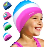 Badekappe Kinder - wasserdichte Badehaube für Jungen Mädchen, Silikon Schwimmkappe für 3-15 Jahre, Bequeme Badekappekinder mit UV-Schutz und rutschfest, Geeignet für Schwimmen Tauchen