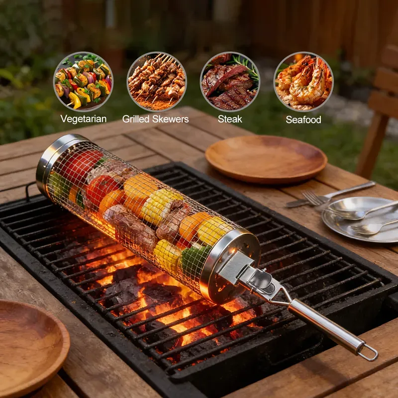 Huacan runder rollender Grillkäfig, abnehmbares Edelstahl-Grillnetz, Räucher-Grillwerkzeug, tragbar für den Außenbereich, 1 Stück