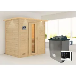 Sauna KARIBU ""Sonja" mit Energiespartür und Kranz Ofen 9 KW externe Strg modern", beige (naturbelassen), Saunaofen, externe Steuerung, (ohne Ofen), Saunen