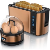 Arendo - SET Toaster FRUKOST mit Eierkocher SEVENCOOK Edelstahl Kupfer, Toaster 4 Scheiben, LED-Display, 6 Bräunungsgrade, Brötchenhalter - Eierkocher