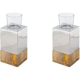 creativ home Teelichthalter Tower Holz/Edelstahl/Glas Silber