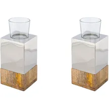 creativ home Teelichthalter Tower Holz/Edelstahl/Glas Silber