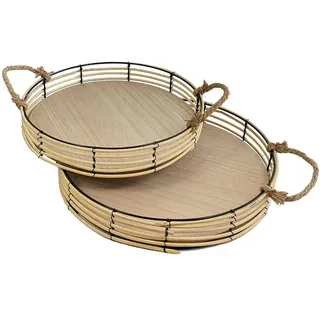 Spetebo Dekotablett Bambus Tablett mit Trageseil - 2er Set (2er Set, 2 St., Holztablett), Deko Tabletts in Rattan Optik beige