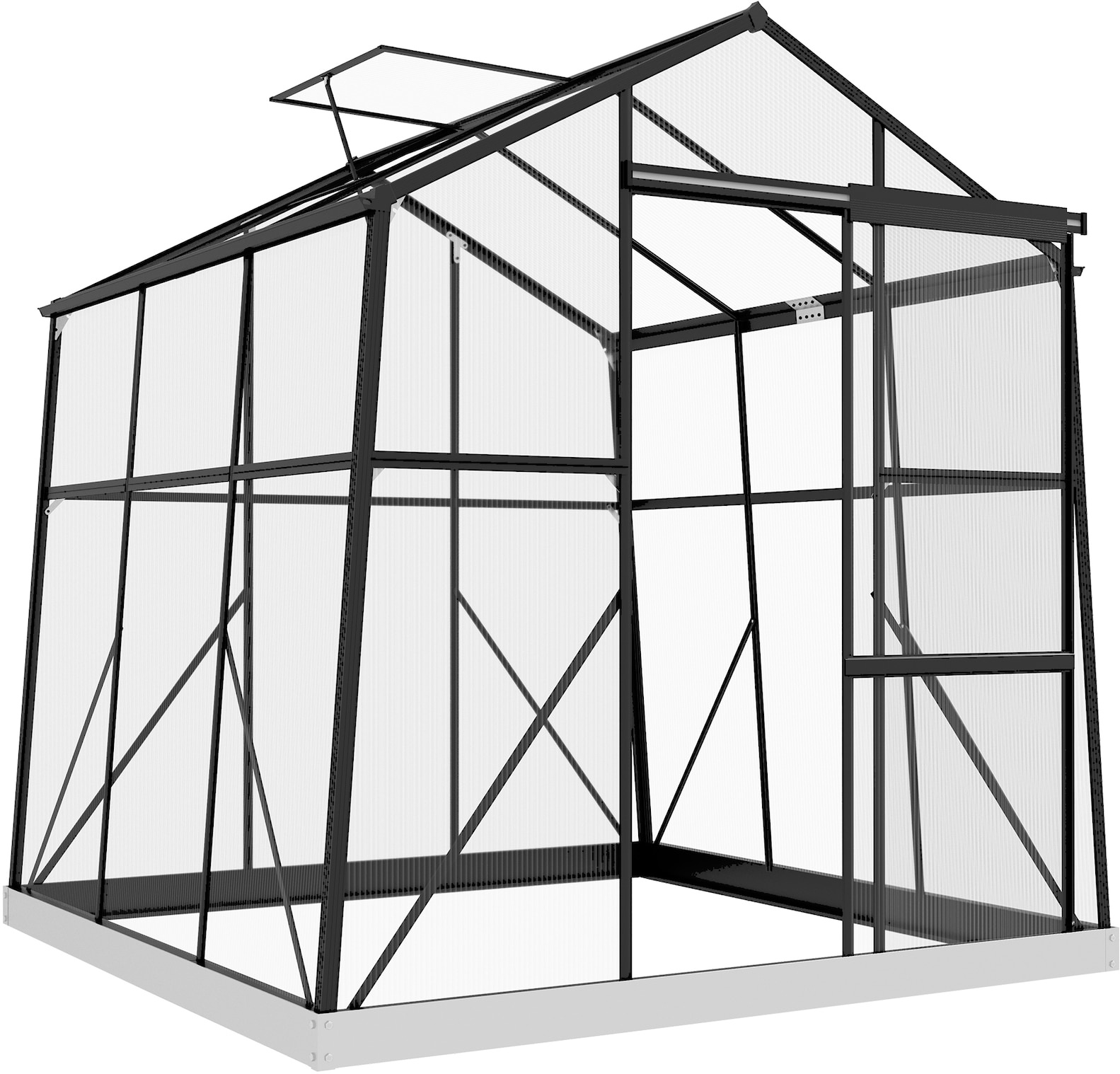Outsunny Gewächshaus mit integriertem Rinnensystem, Bodenplatten und Schiebetür schwarz 192L x 192B x 204H cm