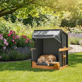 Relaxdays Hundestrandkorb, Rattan, mit Napf, Hundesessel mit Dach, HBT: 95x75x65 cm, für Garten & Terrasse, Holz, grau